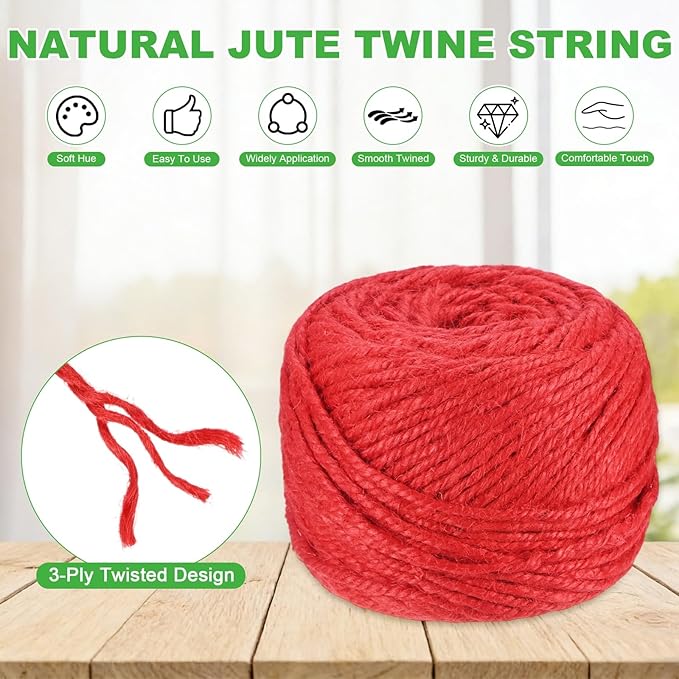 1-Pack Natural Jute Twine String, 3mm x 328ft/100m Long Garden Twine Balls for Crafts/Gift Wrapping/Gardening Plants, Durable Plant Ties Thick Rope [Red]