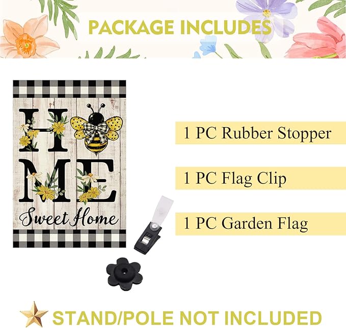 ORTIGIA Home Sweet Home Bee Garden Flag Double Sided 12.5x18 Inch, Spring Summer Yellow Flower Buffalo Plaid Check Small Yard Flag Burlap Farmhouse Rustic Outside Outdoor Lawn Patio Decor