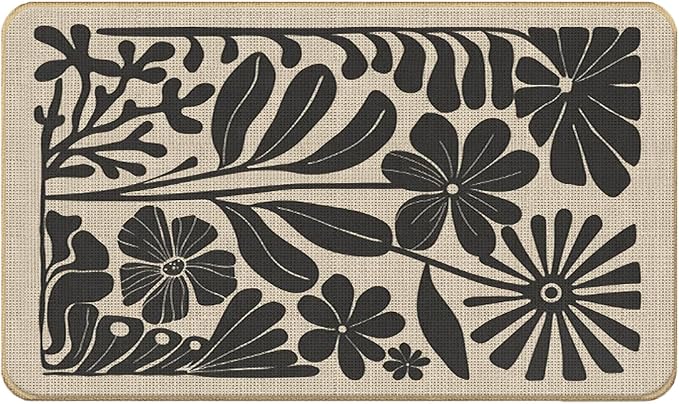 Boho Beige and Black Floral Door Mat - Bohemian Neutral Floral Front Door Welcome Mats Outdoor Entrance, 17x30 Rug