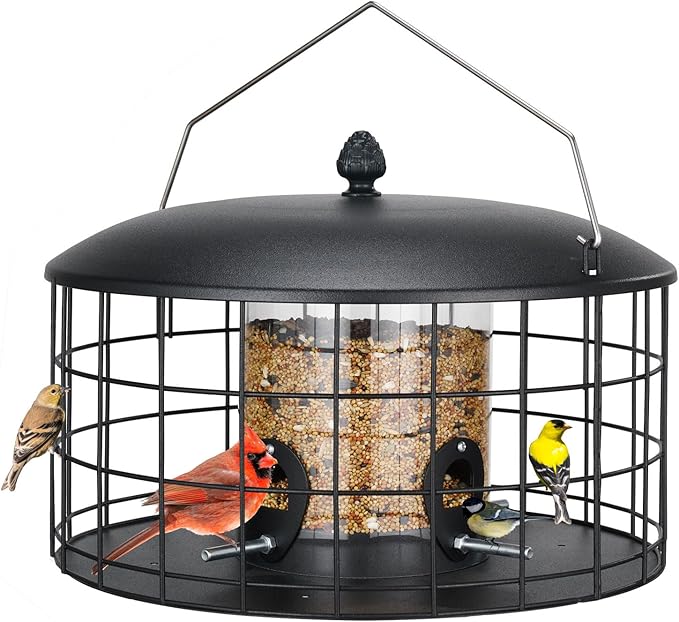 Veehoo Squirrel Proof Bird Feeders for Outdoors Hanging, Metal Caged Wild Bird Feeder for Cardinal Finch Small Birds, Thistle Squirrel-Proof Clear Tube Birdfeeder for Outdoor Balcony