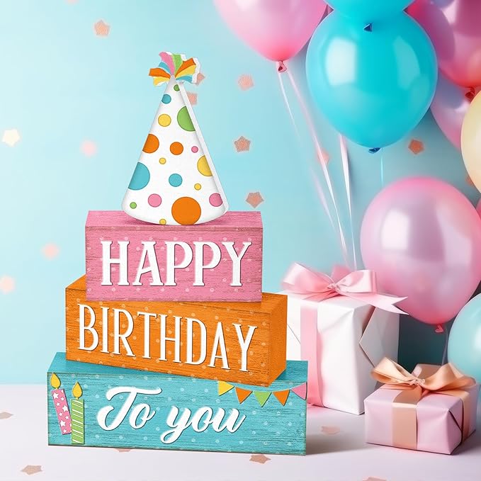 4 Pcs Birthday Table Decor Happy Birthday Wooden Sign Blocks Farmhouse Colorful Tiered Tray Decor Rustic Tabletop Centerpieces for Home Office Desk Shelf Mantel Party Decoration Supplies