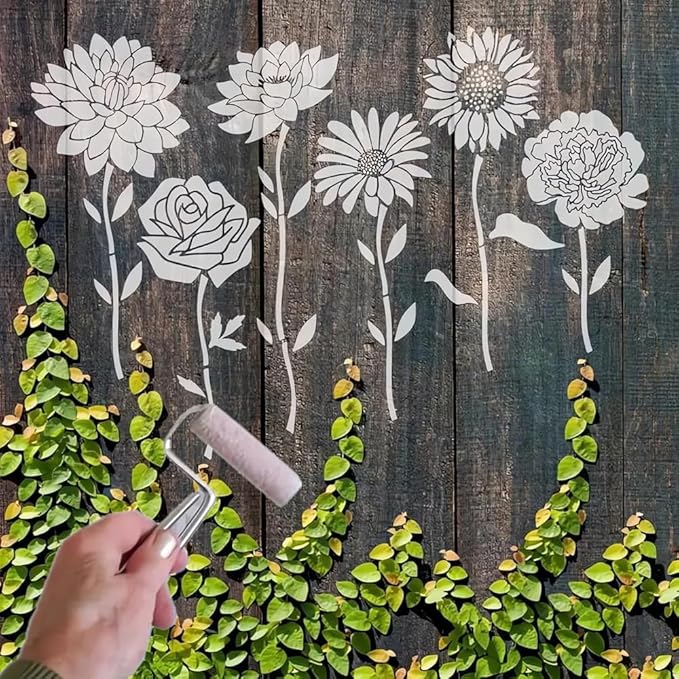 Garden Fence Large Flower Stencils - Reusable Floral Stencil DIY Decoration for Painting on Wood Walls Pattern, Jumbo Sunflower Yard Spray Paint Big Crafts Floor Stencils (C)
