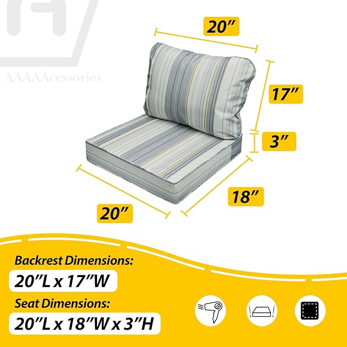AAAAAcessories Outdoor Seat Cushions for Chairs, Fade-Resistant, Waterproof Patio Furniture Replacement Cushions, 20" x 18" x 3" + 20" x 17", Ash Blue Harbor Stripe