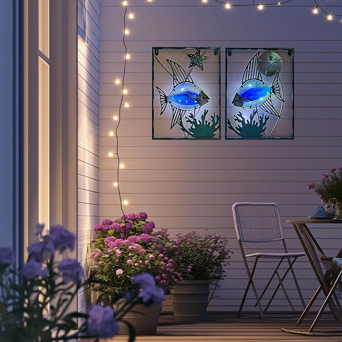LIFFY Metal Fish Wall Decor with Frame-Outdoor Wall Art, Wall Decor with LED Fairy Lights, Fish Glass Art Wall Sculpture for Patio,Beach,Garden,Yard,Pool,home gift(2pcs, Blue)