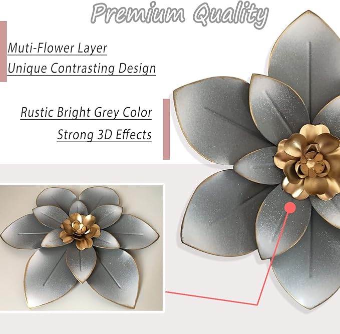 Metal Flower Wall Art Decor, 10“ Rustic Modern Floral Sculpture, Distressed Iron Wall Hanging Home Decoration Accent Artworks for Indoor Kitchen Bedroom Living Room Office Outdoor Garden Patio