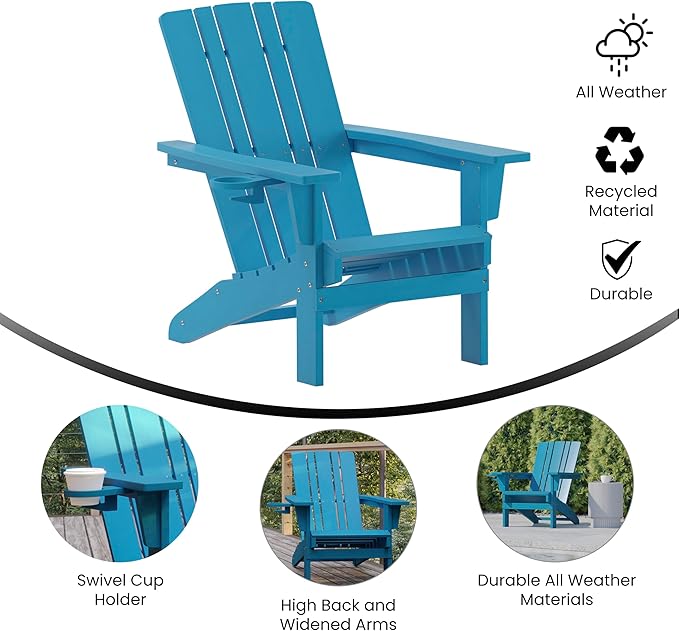 Flash Furniture Halifax Adirondack Chairs with Cup Holders, Weather Resistant Poly Resin Adirondack Chairs, Set of 4, Blue