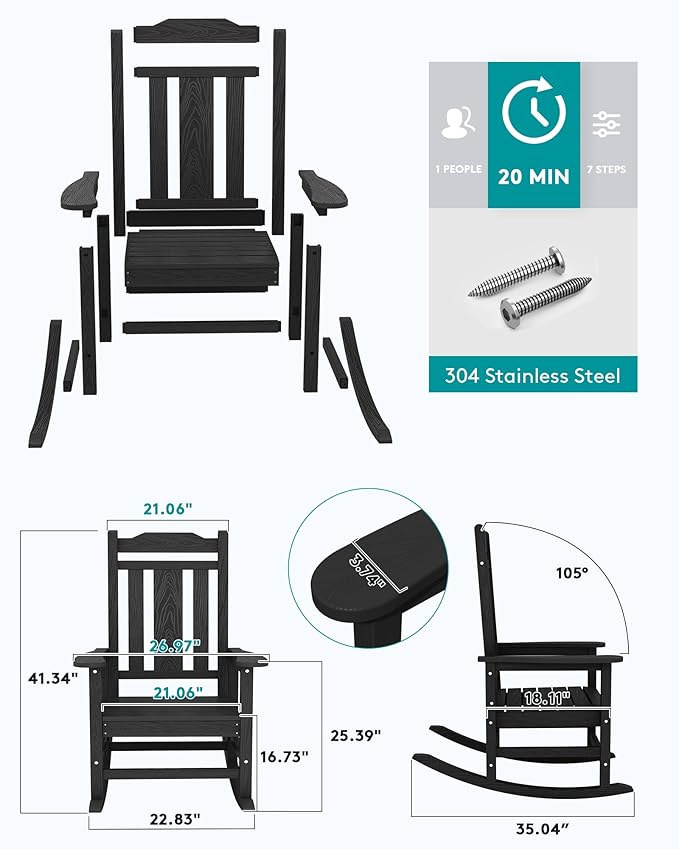 SERWALL Oversized Rocking Chair Outdoor, HDPE Outdoor Rocking Chair, Black