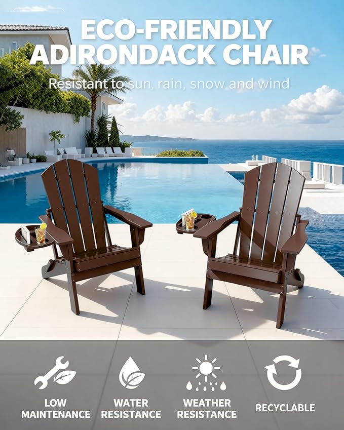 Adirondack Chair Set of 8, HDPE Folding Adirondack Chair with Multifunctional Cup Holder, Weather Resistant Fire Pit Chair for porches, patios, poolsides, Decks.