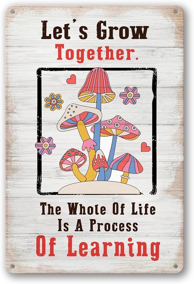 Mushroom Metal Tin Sign 70s Retro Home Decor Vintage Groovy Hippie Slogan Mushroom Let Is Grow Together Tin Signs Groovy Room Wall Art Decor Motivational Positive Inspirational Quotes Decor For Home Kitchen Bathroom Coffee Bar Wall Decoration 8x12 Inch