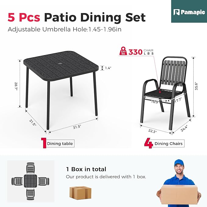 Pamapic Outdoor Dining Sets for 4, Square Table with Adjustable Umbrella Hole with 4 Plastic Chairs, 5 Piece Patio Table and Chairs Set for Garden, Backyard, Poolside and Lawn (Black)