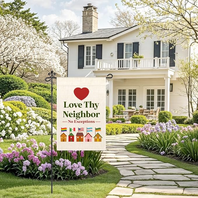 Love Thy Neighbor Garden Flag, Funny LGBTQ Inclusive Diversity Yard Flag for Outside, Social Justice Equality Liberal Equal Rights Yard Sign, Kindness Lawn Porch Farmhouse Decor Banner