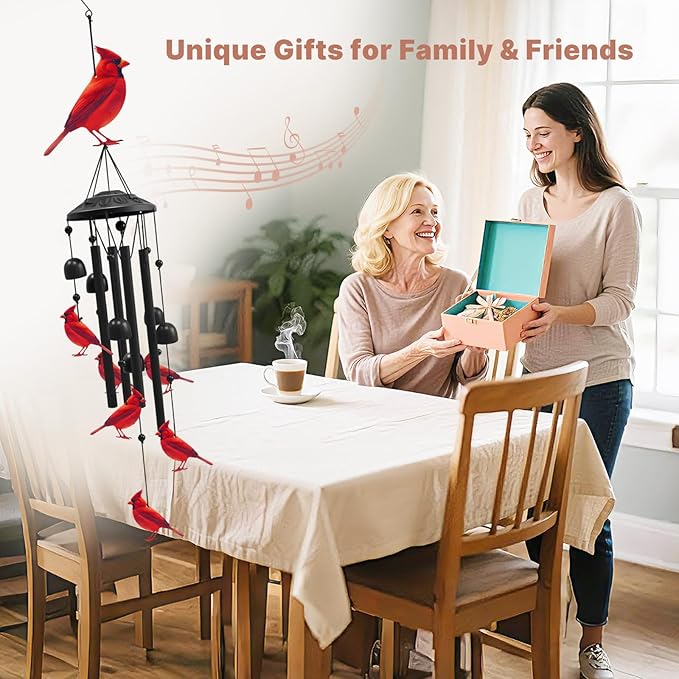 Cardinal Wind Chimes for Outside, Black Metal Windchimes Outdoors, Cardinals Gifts for Women/Men, Garden/Yard Decor, Memorial/Birthday Gifts for Grandma/Mom, Durable Chimes for Outdoors