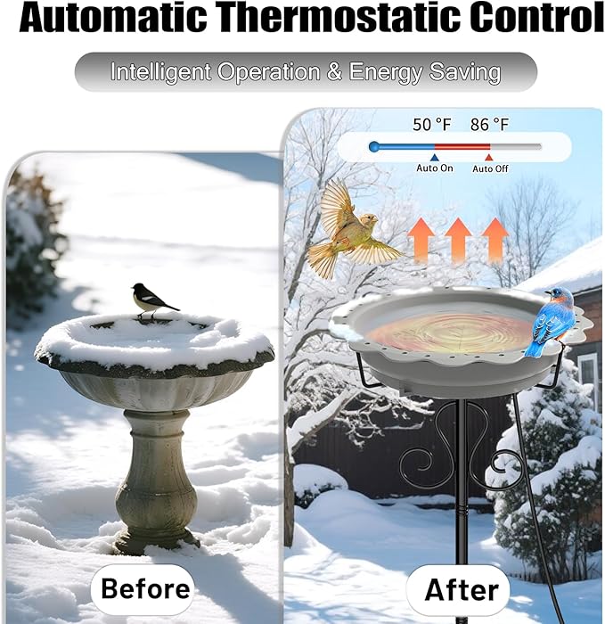 Heated Bird Baths for Outdoors, 100W Heated Birdbath Bowl for Outdoors for Winter with 5-Prong Metal Base Thermostat Control, Heated Bird Bath for Outside Winter Garden Patio Yard Lawn (Gray)