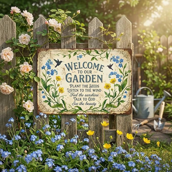 Religious Garden Tin Sign - "Welcome to Our Garden" Inspirational Metal Plaque - 8x12 Aluminum Christian Wall Decor with Bible Verse - Metal Sign Spiritual Gifts for Shed, Mom, Grandma, Prayer Garden