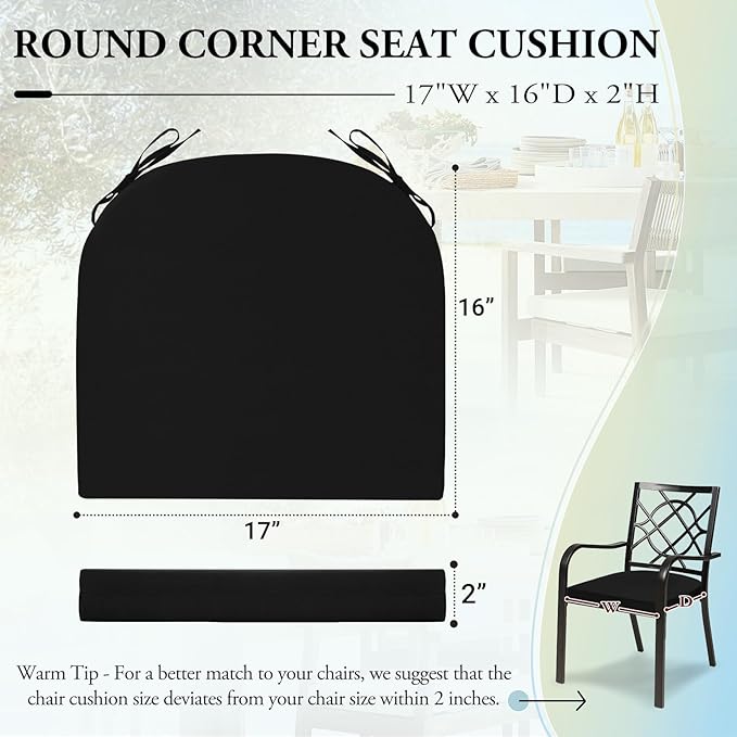 Wellsin Outdoor Chair Cushions for Patio Furniture - Patio Chair Cushions Set of 4 - Water Resistant Round Corner Outdoor Seat Cushions 17"X16"X2", Black
