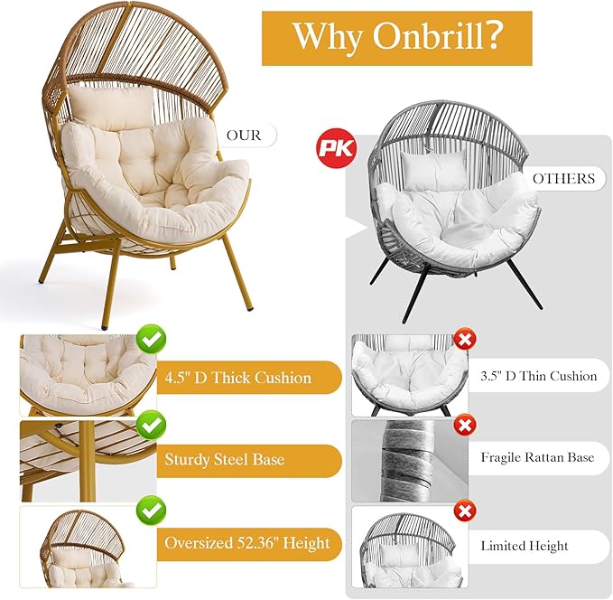 ONBRILL Egg Chair for Outdoor & Indoor, Patio Wicker Chair with Thick Cushion, Oversized Rattan Chairs for Balcony, Porch & Backyard, 550 LBS Heavy Duty & Comfy Basket Chairs for Living Room, Bedroom