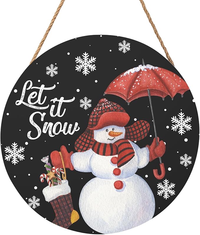 Snowman with Red Umbrella Door Sign For Front Door Decor,Winter Welcome Snowflakes Black Wooden Sign 12"x 12" Round Wood Hanging Door Sign Decoration for Winter Day Wall Porch Decor