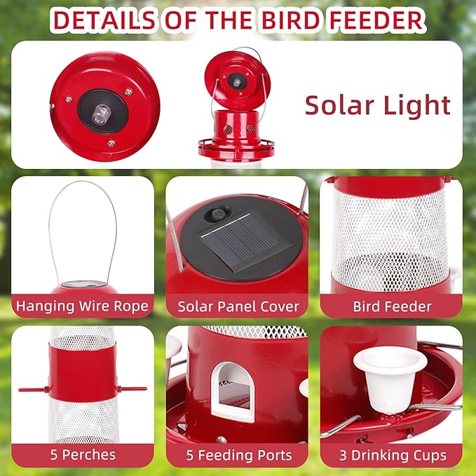 Bird Feeders for Outside, Solar Wild Bird Feeder for Outdoors Hanging, 2.3lbs Metal Birds Seed Feeders with 5 Feed Ports Large Capacity Container Drinking Cups for Wild, Finch
