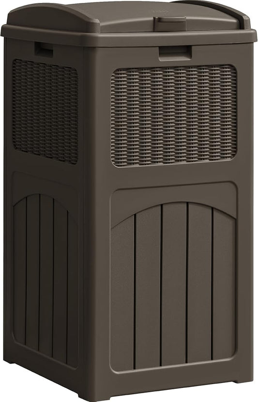 YESHOMY 33 Gallon Resin Outdoor Trash Can with Lid, Hideaway Waterproof Patio Garbage Bin, Brown