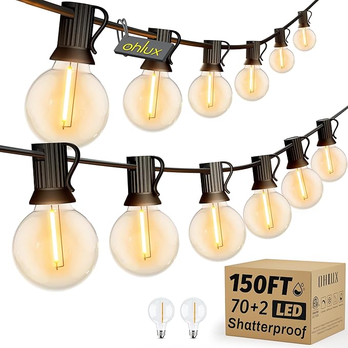 OHLUX Outdoor String Lights, 150FT G40 LED Patio Lights with 70+2 Dimmable Plastic Bulbs, 2200K Waterproof Connectable Hanging String for Backyard, Cafe, Porch, Deck, E12 Base