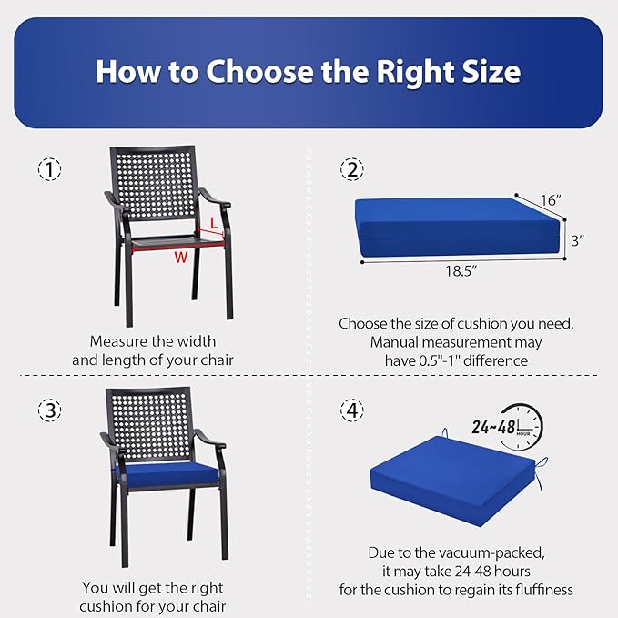 Outdoor Chair Cushions Set of 4, 18.5 x 16 Inch Patio Chair Cushions for Outdoor Furniture, Water Resistant, Non-Slip Ties(Royal Blue)