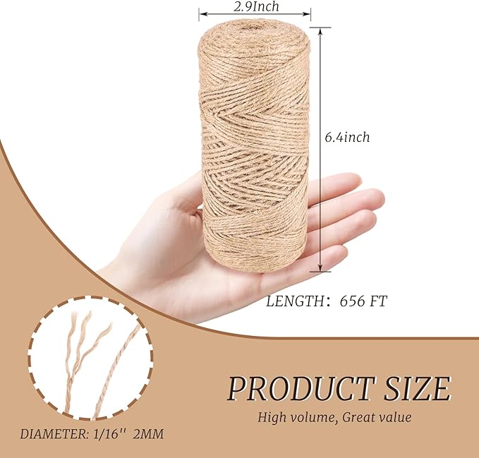 ZUFECY 656FT Natural Jute Twine String - 2mm Heavy Duty Brown Rope for Climbing Plants Support, Camping Gear, Gardening Crafts, Secure Gift Wrapping
