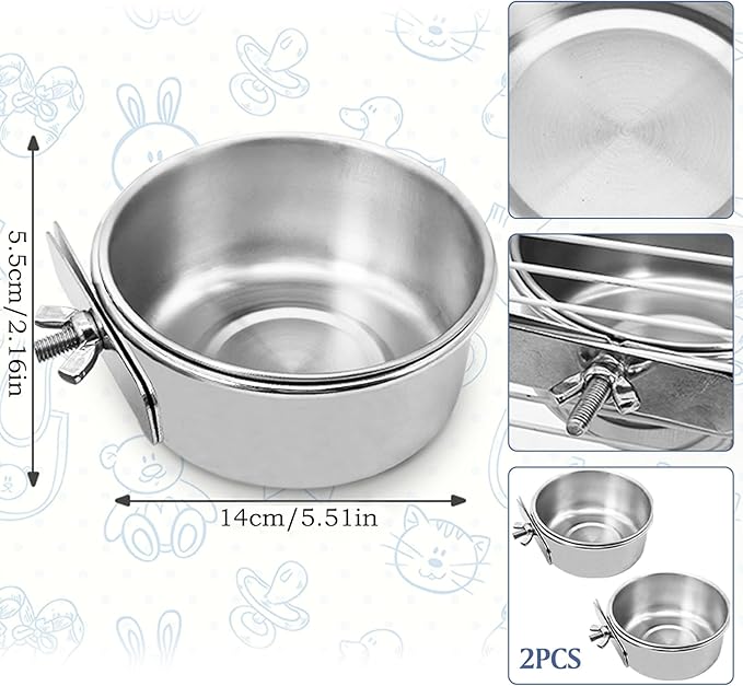 PINVNBY 2PCS Parrot Feeding Cups Birds Food Dish Stainless Steel Parrot Feeders Water Cage Bowls with Clamp Holder for Cockatiel Conure Parakeet Parrot Macaw Small Animal (Size: L)