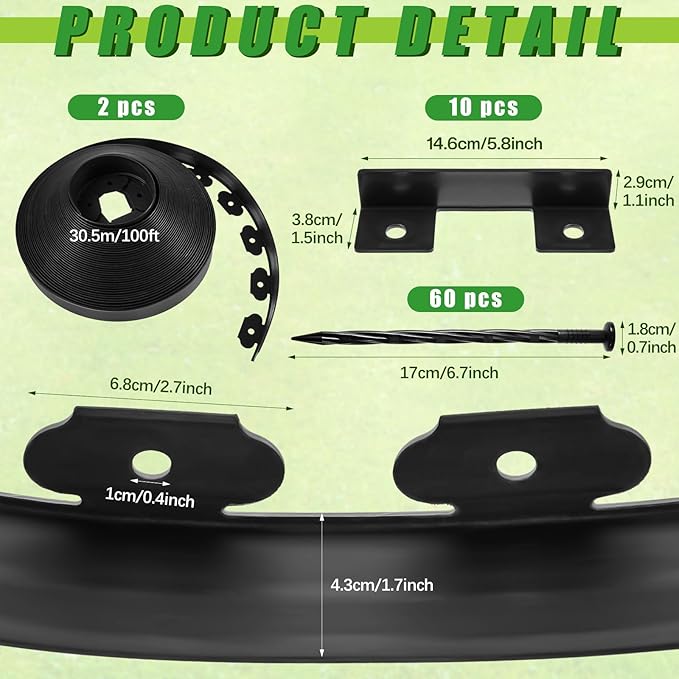 Sasylvia 1.7'' x 200' Landscape Edging Kit Edging Border Coil Include 120 Anchoring Spikes 10 Connectors Plastic Garden Border for Lawn Garden Grass Yard Home(Black)