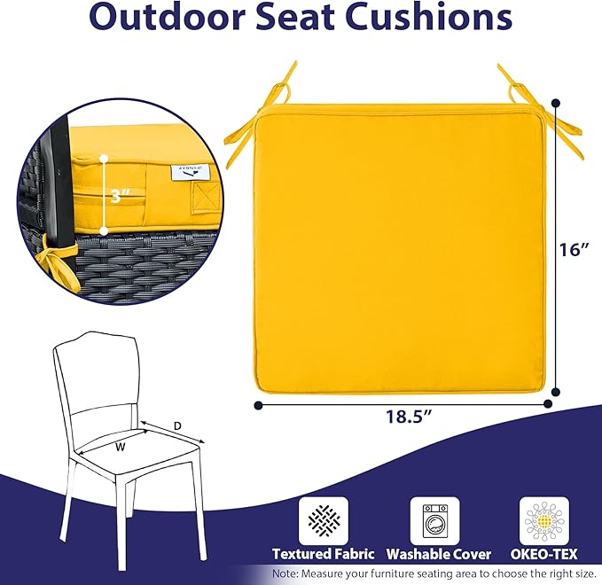 Outdoor Chair Cushions Set of 4,Waterproof Outdoor Seat Cushions for Patio Furniture,Patio Chair Cushion with Handle and Ties, Square Out Door Chair Pads,18.5" x 16" x 3", Yellow