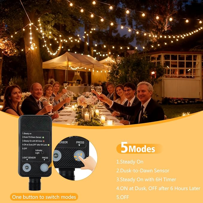 G40 LED Outdoor String Lights, 50FT LED Patio Lights with Light Sensor Timer, 27 Shatterproof Globe Bulbs(2 Spare), Waterproof Connectable Hanging Lights for Backyard Porch Balcony Decor