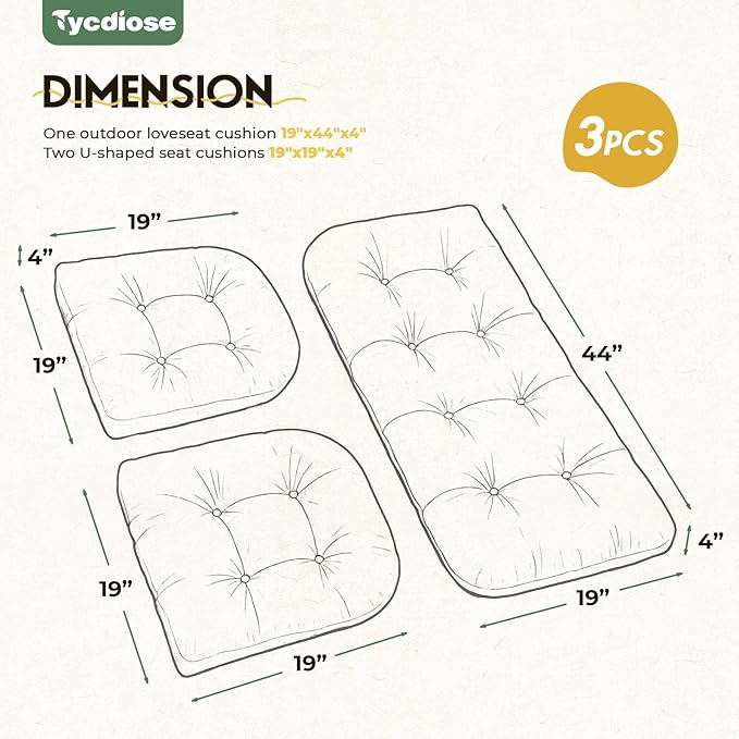 All Weather Outdoor Wicker Chair Cushions of 3 Pieces, Waterproof Outdoor Wicker Chair Cushion for Patio Furniture Loveseat Settee Bench, 1 Loveseat and 2 U-Shaped Thickened Cushions, Green