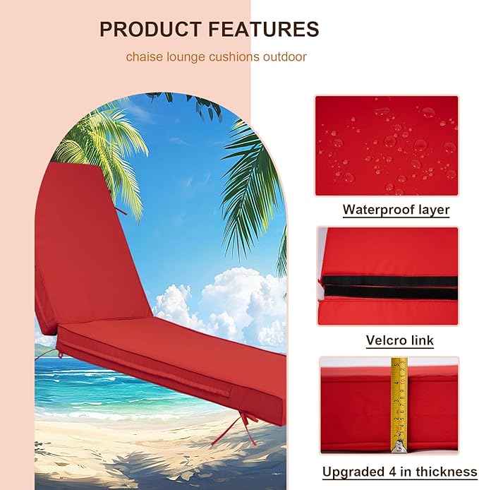 Chaise Lounge Cushions Outdoor Set of 2, Waterproof & Fade Resistant Patio Lounger Cushions, Replacement Sun Lounger Pads with Removable Cover for Pool, Deck, Lawn Furniture