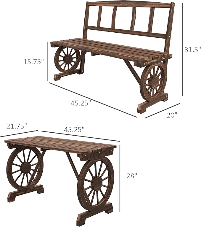 Outsunny Outdoor Table and Chairs for 4 People, Wooden Patio Table and Dining Bench Set, 3 Piece All Weather Furniture Set with Wagon Wheel Design for Backyard Garden, Deck, Carbonized