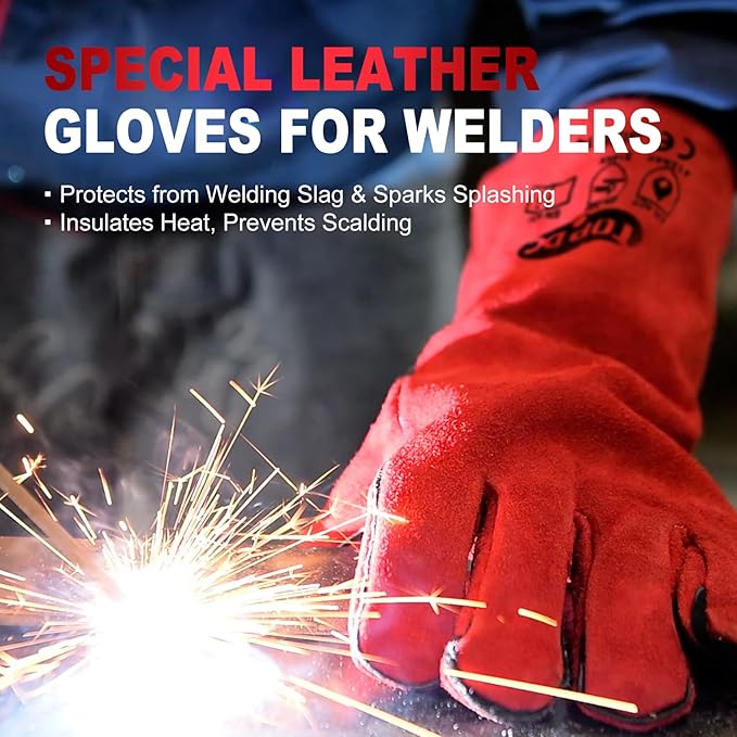 TOPDC Welding Gloves 14 Inches Fire/Heat Resistant Leather For Mig,Tig,Stick,Forge,BBQ,Grill, Fireplace,Wood Stove, Furnace,Pot,Oven (14 Inch-Red)
