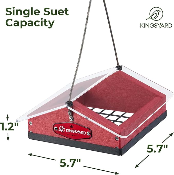 Kingsyard Upgraded Upside Down Suet Feeder for Outside Hanging - Recycled Plastic Wild Bird Feeder with Rainproof Roof for Attracting Woodpeckers Nuthatches Chickadees Finches. Red