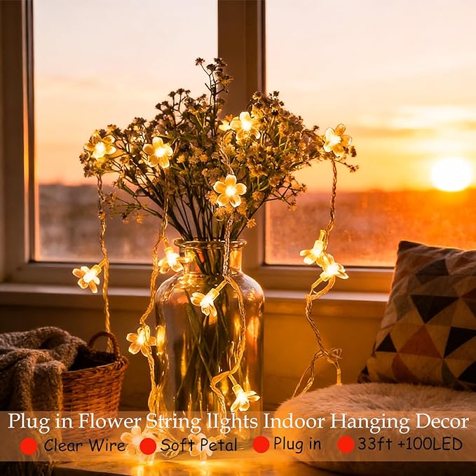 Fairy Flower String Lights Indoor Bedroom Decor, 33 ft 100 LED Artificial Cherry Blossom Lamp Indoor Outdoor Wall Window Garden Hanging Decorations for Christmas Wedding Birtday Party (Warm White)