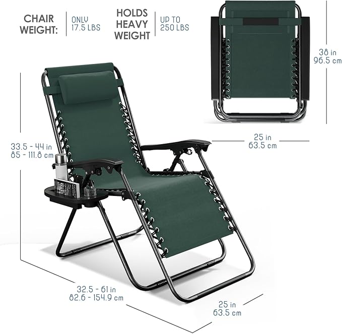 Nestl Zero Gravity Chairs Set of 6, Patio Lounge Chair Outdoor with Pillows & Cup Holder Trays, Adjustable Steel Mesh Reclining Camping Chair, Folding Patio Lawn Chair for Deck, Beach - Forest Green