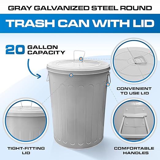 Plexon Large Metal Trash Can with Lid 20 Gallon, Decorative Outdoor Trash Can Heavy Duty Galvanized Metal Bucket with Lid for Garage Workshop Ash Storage Farmhouse, Gray 3 Pack