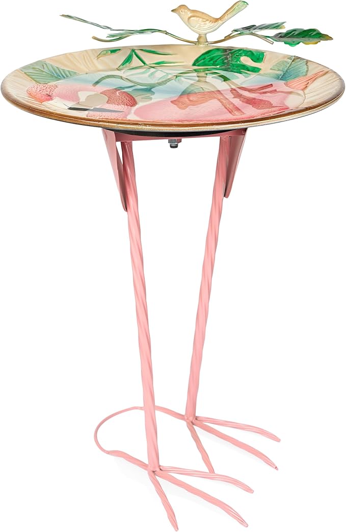 Alpine Corporation ORS876 Outdoor Metal Birdbath w/ Stylish Stand, Flamingo Pattern Birdbath Bowl and Stand, 23"H, Pink/Blue