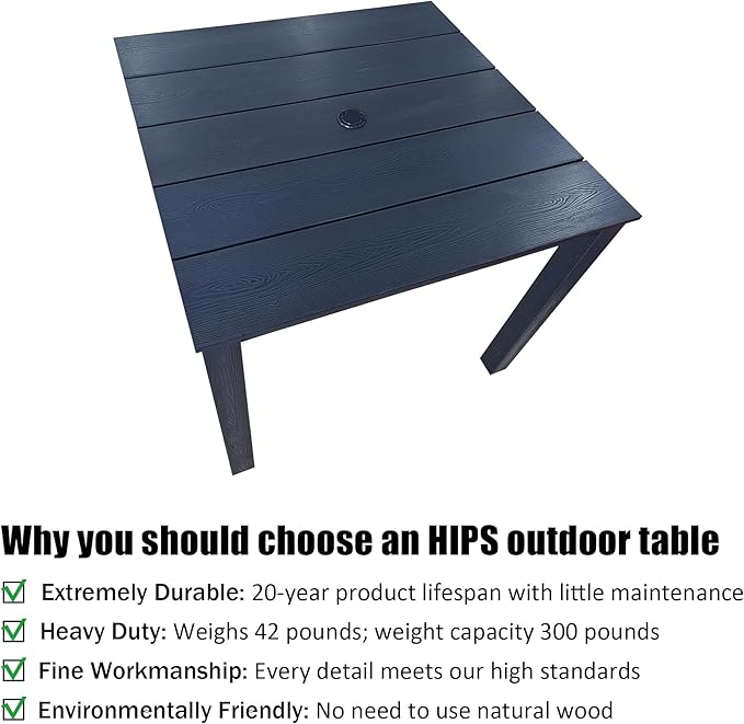 Poly Lumber Patio Dining Table, 36.2-Inches HIPS Outdoor Dining Table with Umbrella Hole, Weather Resistant (Navy Blue, 1 Piece)