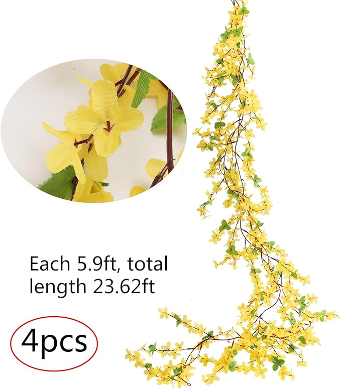 4pcs 23.6ft Forsythia Garland Artificial Flower Garlands Spring Garland for Mantle Fake Hanging Flower Vines Home Wall Home Party Wedding Indoor Outdoor Bedroom Wedding Decoration