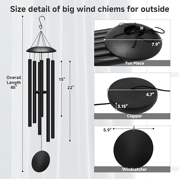 45" Large Wind Chimes for Outside, 6 Thick and Bold Aluminum Tubes Tuned Relaxing Melody Wind Chime Deep Tone, Big Wind Chimes for Garden Patio Decor, Great Gift Idea for Mother's Day (Black)