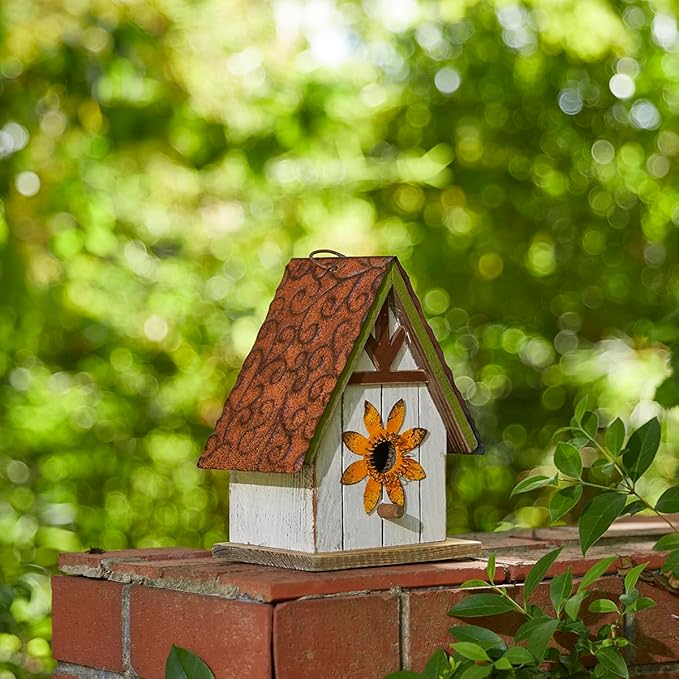 Glitzhome Bird Houses for Outside, Blue Bird Houses for Outdoors, 8.25" H Solid Wood Decorative Hanging Bird House Distressed Cottage Outdoor Garden Birdhouse with 3D Metal Roof and Flower