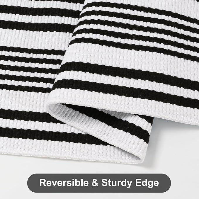 Outdoor Rug Front Door Mat 2'x4.3', Cotton Indoor Doormat Washable Black and White Striped Rug, Foldable Reversible Layered Door Mats for Entryway/Farmhouse/Home Entrance