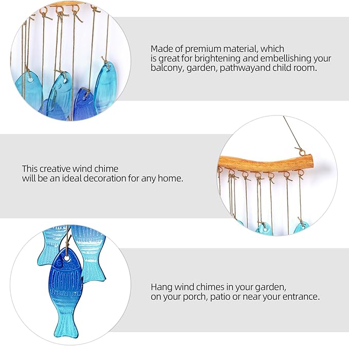 Wind Chimes Blue Glass Sea, Garden Wind Chime for Home, Beach Party, Festival Decor, Glass Garden Patio Yard Porch Decoration Indoor/Outside, Lifelike Fish Style