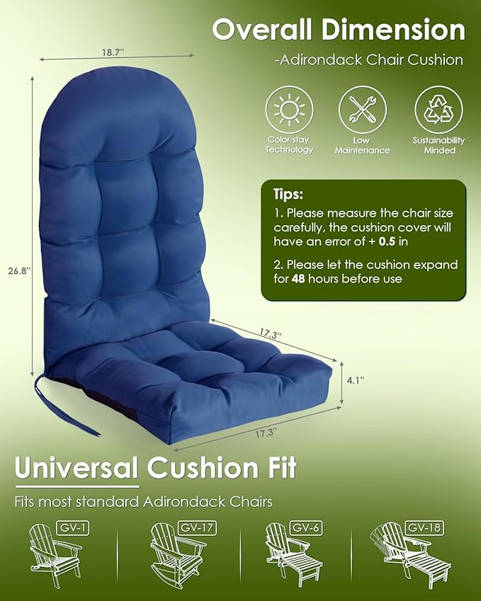 GREENVINES Adirondack-Chair-Cushions-Set-of-2 | Polyester | Waterproof | Outdoor High Back Rocking Chairs Cushion | Seat with Ties | Non-Slip | Thickened Pad for Patio | 44.5" x 17.3" x 4.1" | Blue