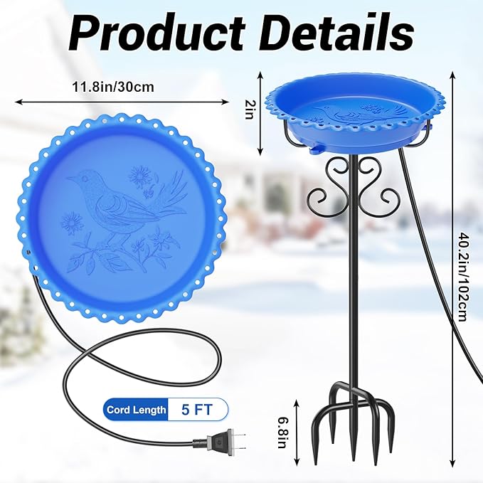Heated Bird Baths for Outdoors,Upgraded 100W Thermostat Control Heated BirdBaths for Winter with Metal 5 Prong Base Heated Bird Bath for Outside Winter Garden Yard Patio Lawn (Blue)