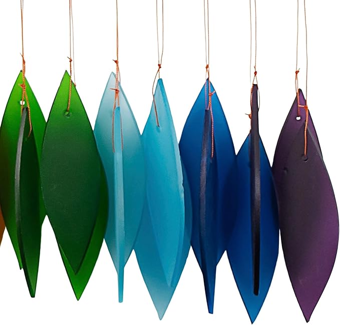 Blue Handworks Rainbow Glass Chime, Sandblasted Glass and Found Wood Handcrafted Wind Chime