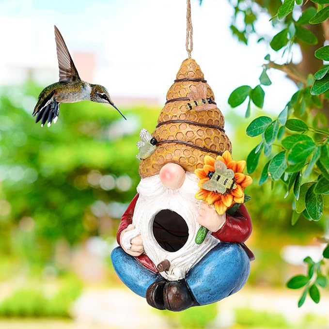 Bird House for Outside, Birdhouses for Outdoors, Decorative Bird Houses, Hanging Funny Bee Solar Gnome Birdhouse for Outside Cardinal Bluebird Wild Birds