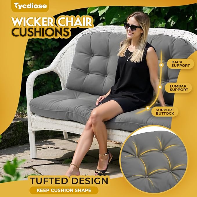 All Weather Wicker Chair Cushions of 3 Pieces, Waterproof Outdoor Wicker Chair Cushion for Patio Furniture Loveseat Settee Bench, 1 Loveseat and 2 U-Shaped Thickened Cushions, Grey